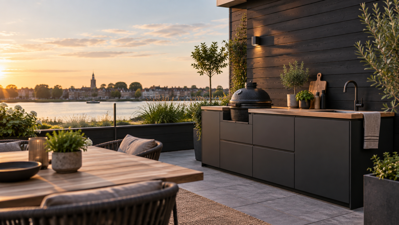 Moderne buitenkeuken op een stijlvol terras bij zonsondergang